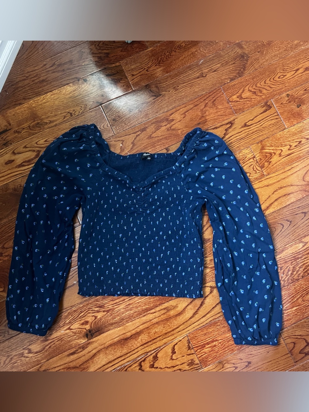Madewell Navy Blue Smocked Crop Top with Printed Balloon Sleeves
